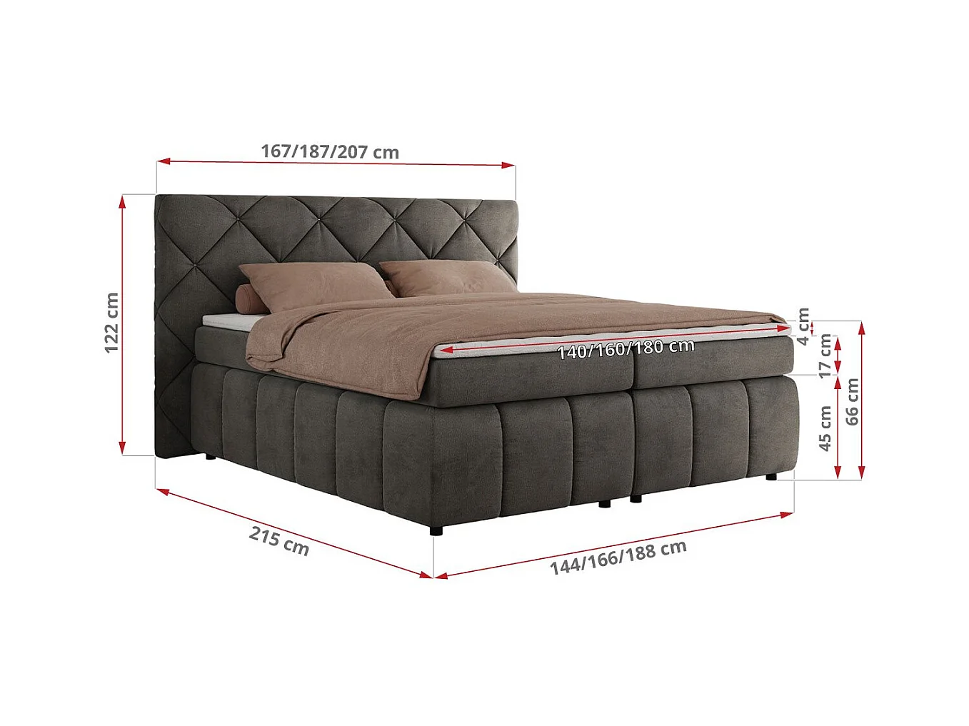 Boxspringbett RITA - Set mit Kopfteil, Multipocket-Matratze und Topper, Doppelbett für Schlafzimmer - 160x200 cm - H3 - Dunkelgrau Velvet