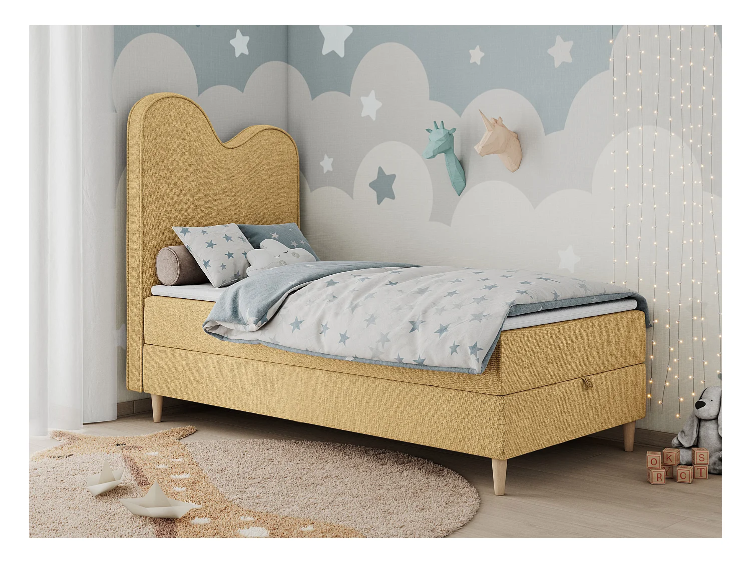 Kinderbett FLOW - Boxspringbett mit Stauraum, Einzelbett für Jugendliche, Bettkasten und hohe Kopfteil - 90x180 cm - Gelb Strukture