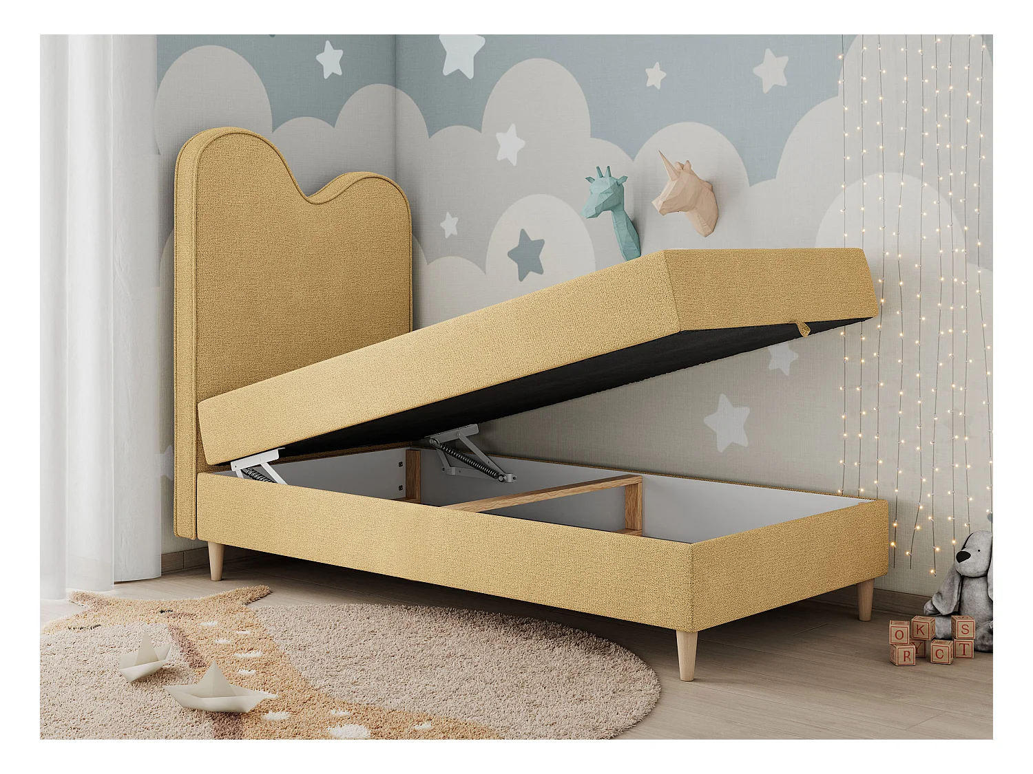 Kinderbett FLOW - Boxspringbett mit Stauraum, Einzelbett für Jugendliche, Bettkasten und hohe Kopfteil - 90x180 cm - Gelb Strukture