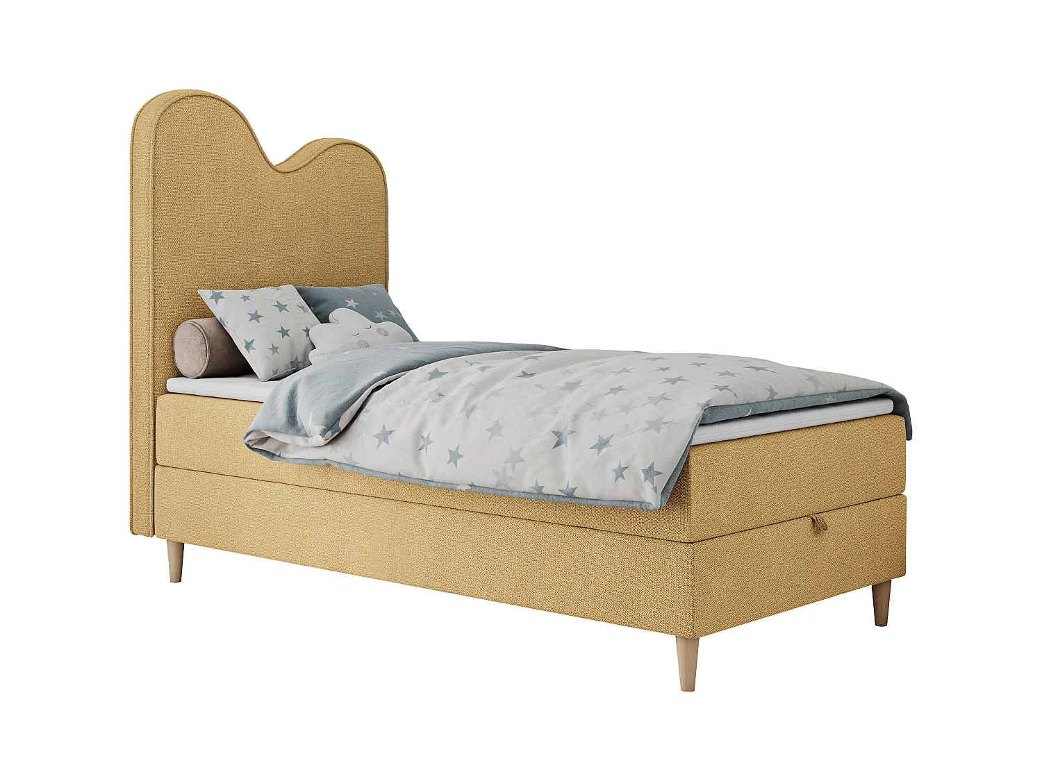 Kinderbett FLOW - Boxspringbett mit Stauraum, Einzelbett für Jugendliche, Bettkasten und hohe Kopfteil - 90x180 cm - Gelb Strukture