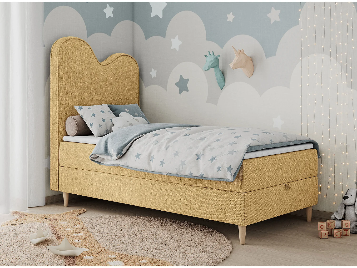 Kinderbett FLOW - Boxspringbett mit Stauraum, Einzelbett für Jugendliche, Bettkasten und hohe Kopfteil - 90x180 cm - Gelb Strukture