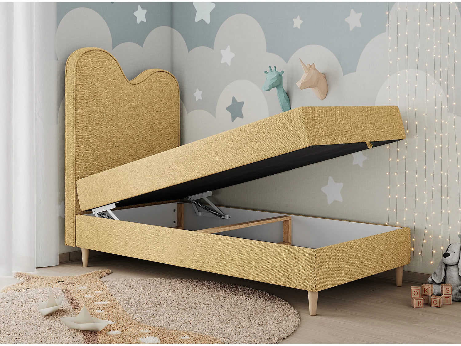 Kinderbett FLOW - Boxspringbett mit Stauraum, Einzelbett für Jugendliche, Bettkasten und hohe Kopfteil - 90x180 cm - Gelb Strukture