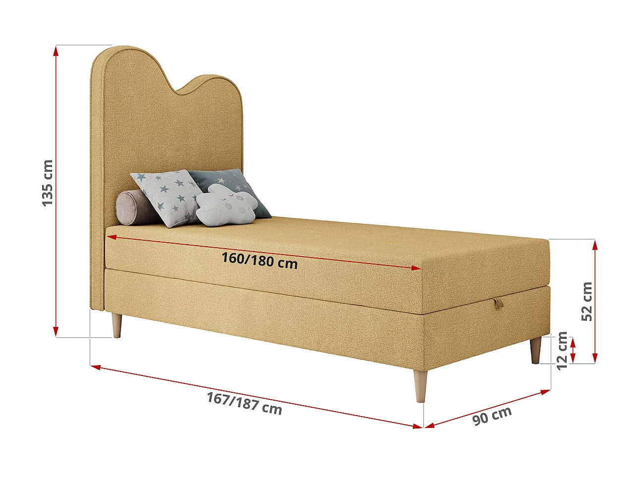 Kinderbett FLOW - Boxspringbett mit Stauraum, Einzelbett für Jugendliche, Bettkasten und hohe Kopfteil - 90x180 cm - Gelb Strukture