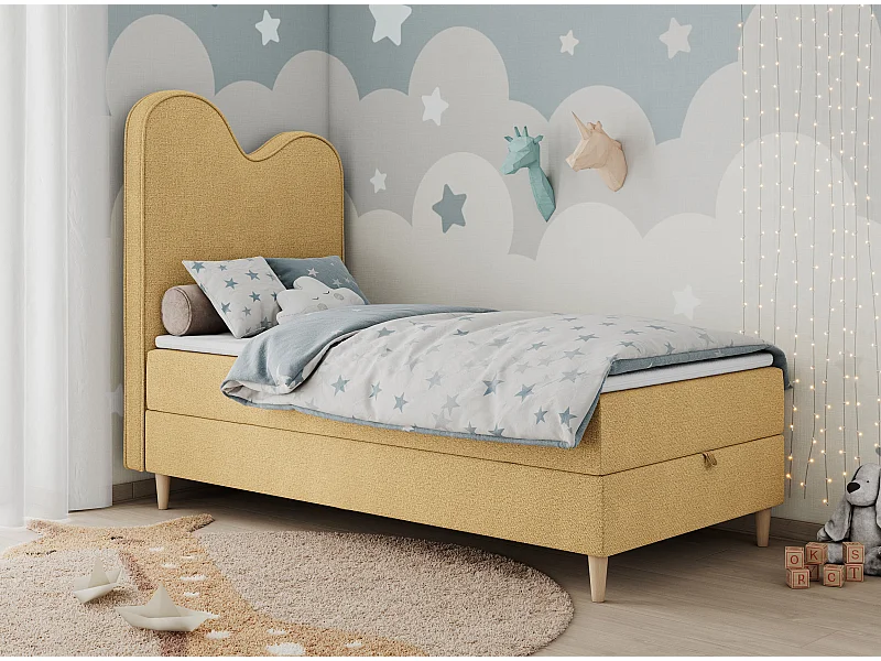 Kinderbett FLOW - Boxspringbett mit Stauraum, Einzelbett für Jugendliche, Bettkasten und hohe Kopfteil - 90x180 cm - Gelb Strukture