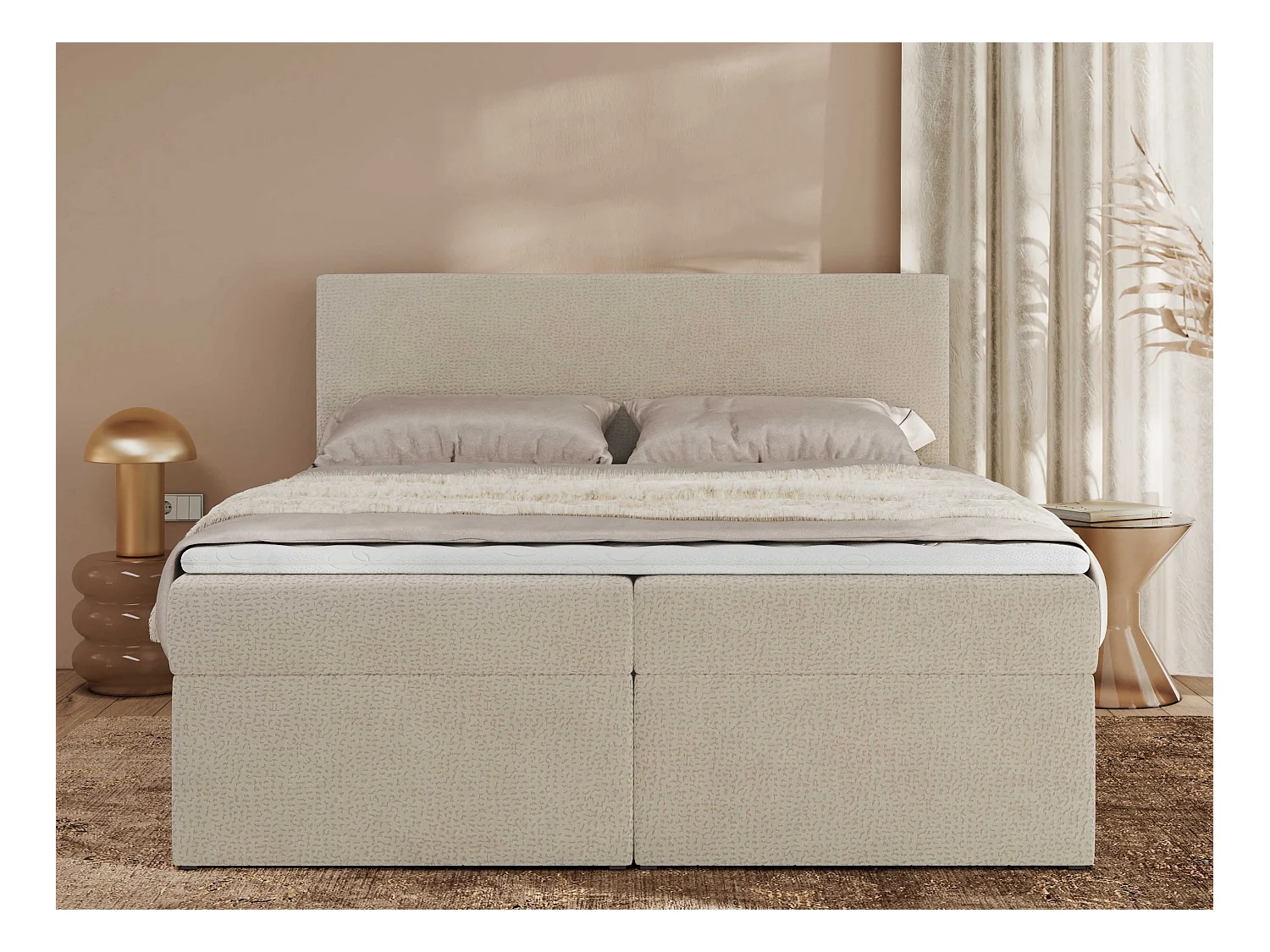 Boxspringbett JAGUAR - Doppelbett mit Multipocket-Matratze und Topper, Struktur dekostoff, zwei Bettkästen - 160x200 cm - H3 - Beige Struktur