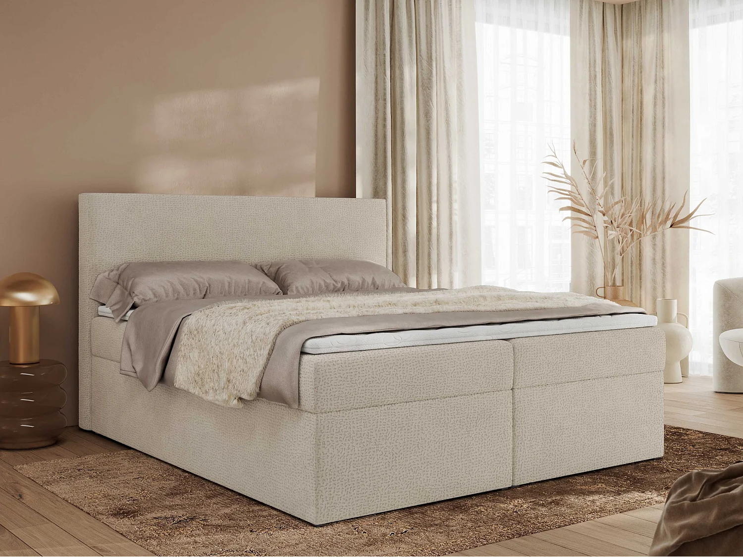 Boxspringbett JAGUAR - Doppelbett mit Multipocket-Matratze und Topper, Struktur dekostoff, zwei Bettkästen - 160x200 cm - H3 - Beige Struktur