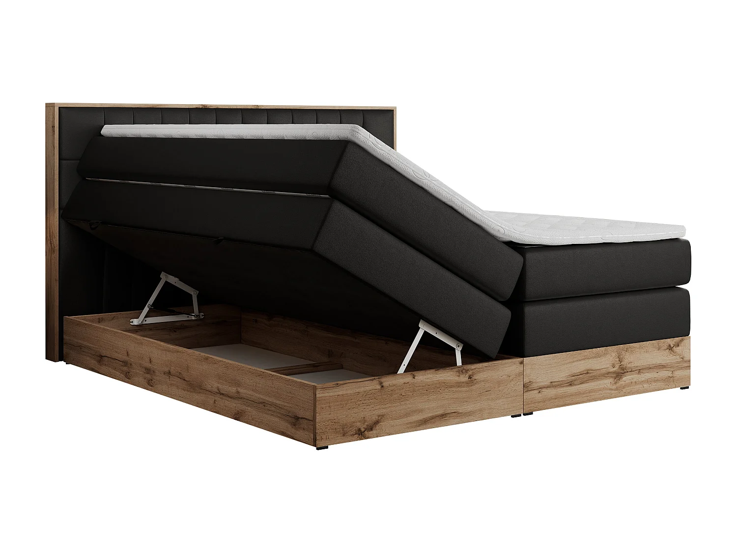 Boxspringbett AMORE KING - gesteppte Kopfstütze, Polsterbett mit zwei Multipocket-Matratzen, Holzrahmen - 140x200 cm - H3 - Schwarz Kunstleder