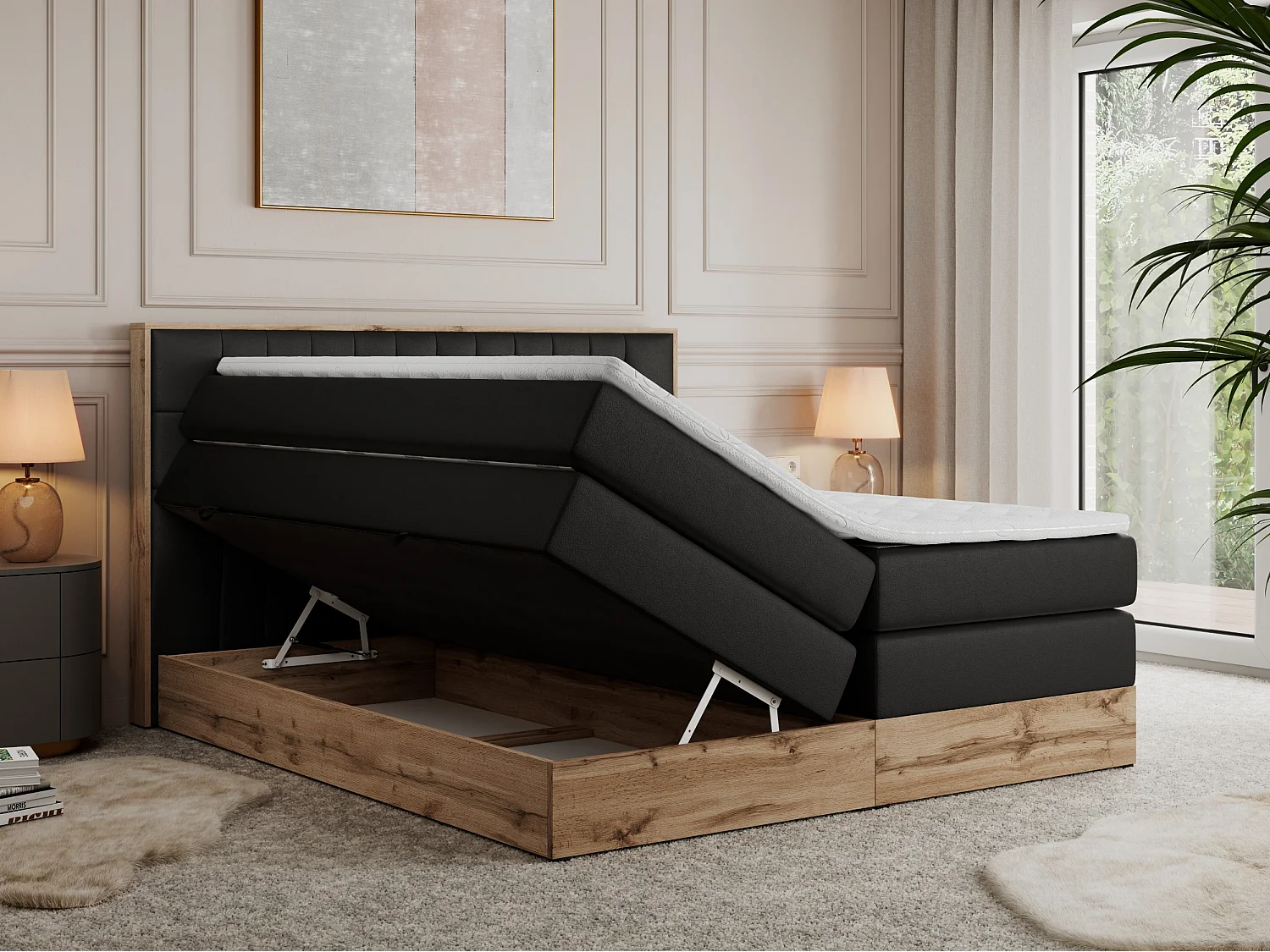 Boxspringbett AMORE KING - gesteppte Kopfstütze, Polsterbett mit zwei Multipocket-Matratzen, Holzrahmen - 140x200 cm - H3 - Schwarz Kunstleder