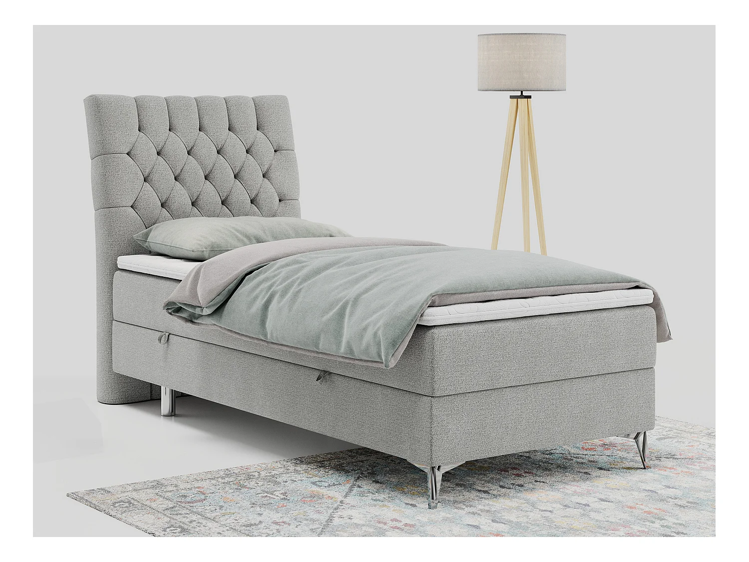 Boxspringbett MILEN - Polsterbett auf Metallbeine, Set mit Multipocket-Matratze, Gesteppte Kopfstütze - 90x200 cm - H4 - Hellgrau Strukture - Links Seite