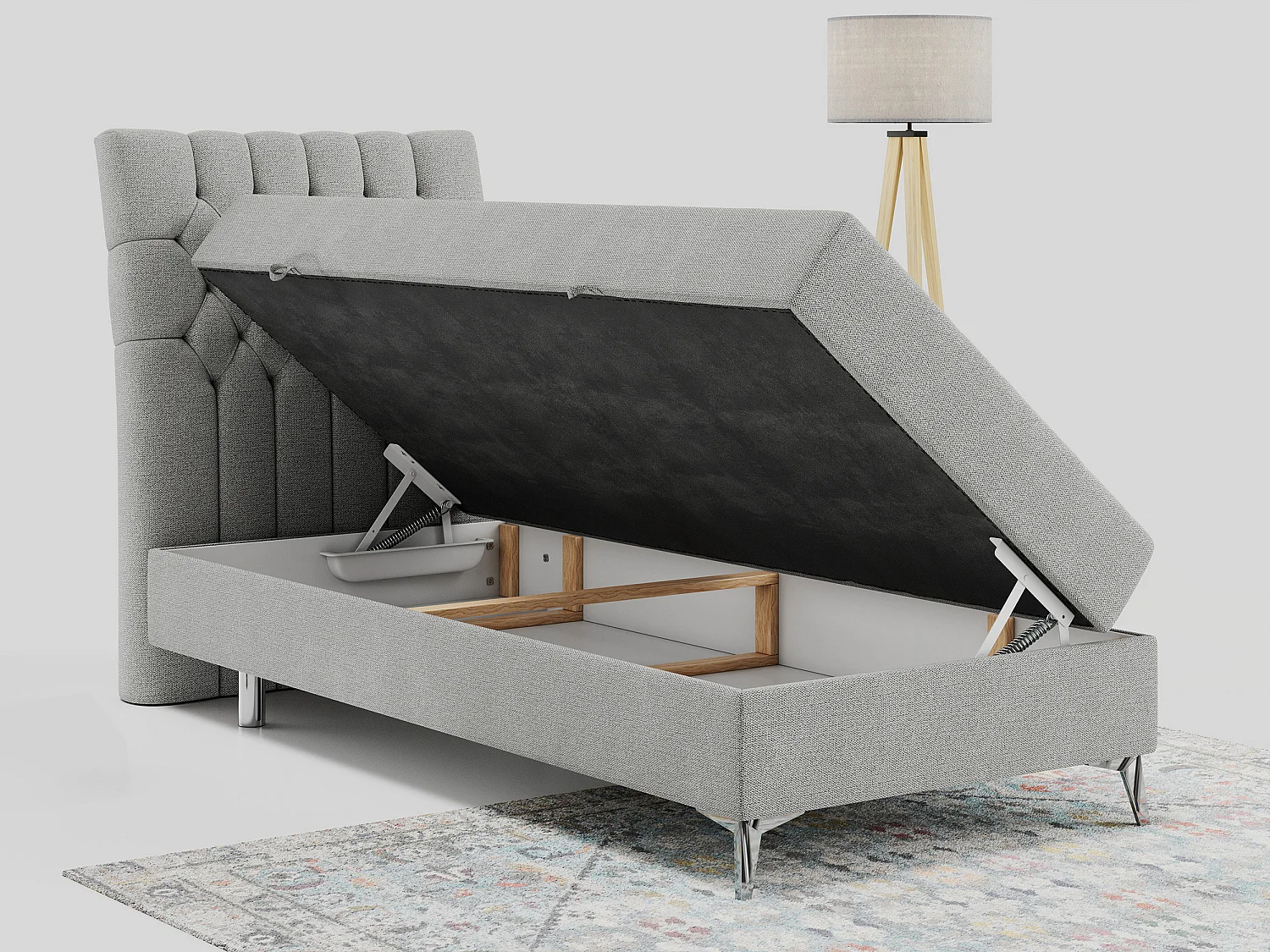 Boxspringbett MILEN - Polsterbett auf Metallbeine, Set mit Multipocket-Matratze, Gesteppte Kopfstütze - 90x200 cm - H4 - Hellgrau Strukture - Links Seite