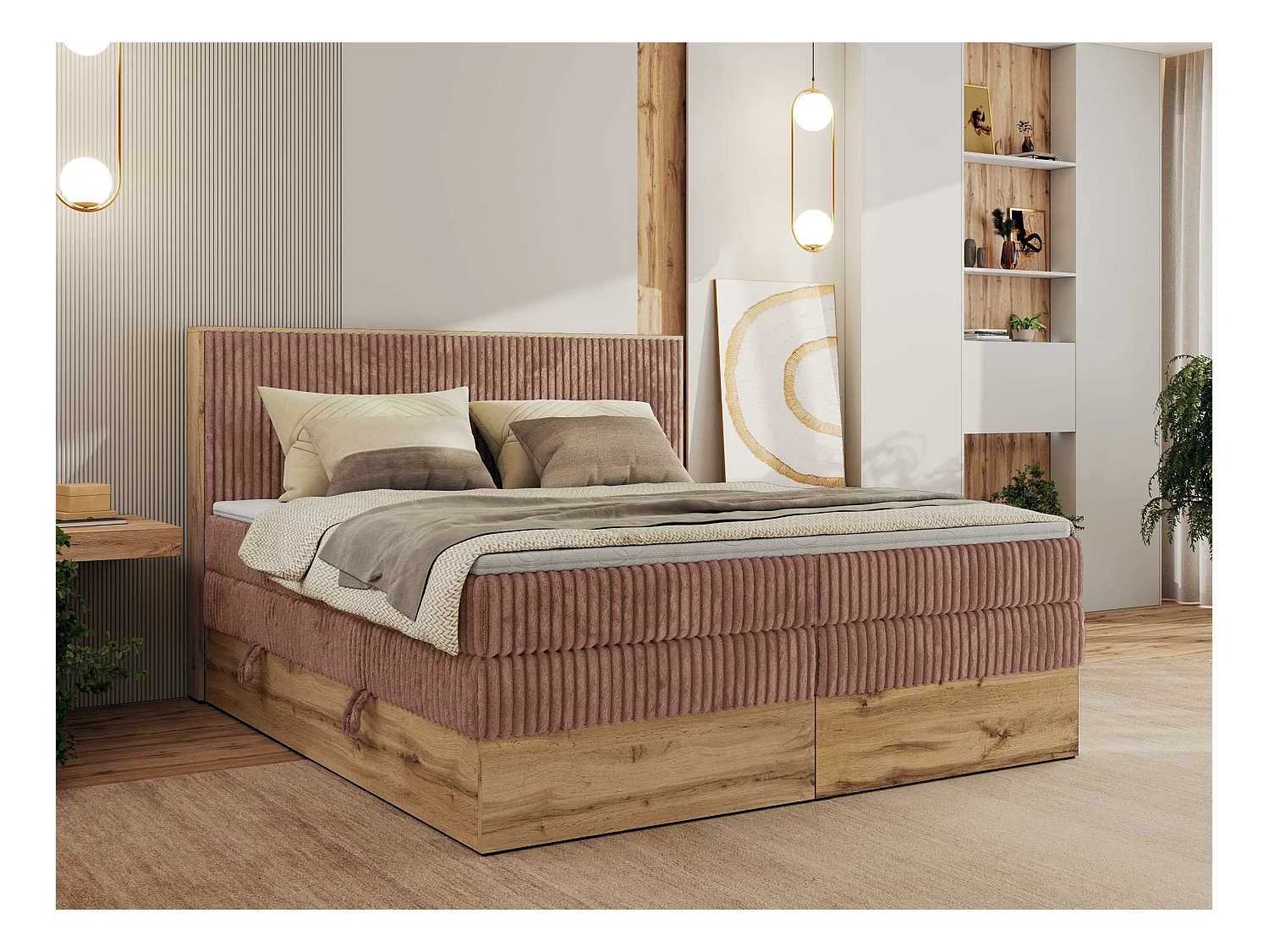 Boxspringbett WOOD CLASSIC KING - Polsterbett mit hohe Kopfteil, zwei Multipocket-Matratze, Bettkästen - 140x200 cm - H3 - Rosa Cord
