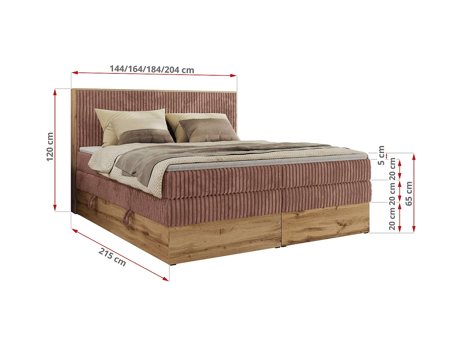 Boxspringbett WOOD CLASSIC KING - Polsterbett mit hohe Kopfteil, zwei Multipocket-Matratze, Bettkästen - 140x200 cm - H3 - Rosa Cord