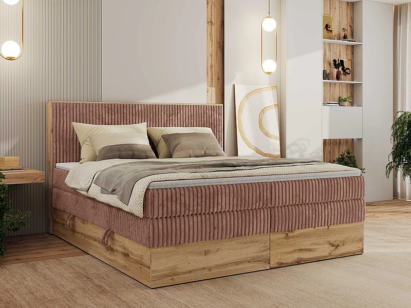 Boxspringbett WOOD CLASSIC KING - Polsterbett mit hohe Kopfteil, zwei Multipocket-Matratze, Bettkästen - 140x200 cm - H3 - Rosa Cord