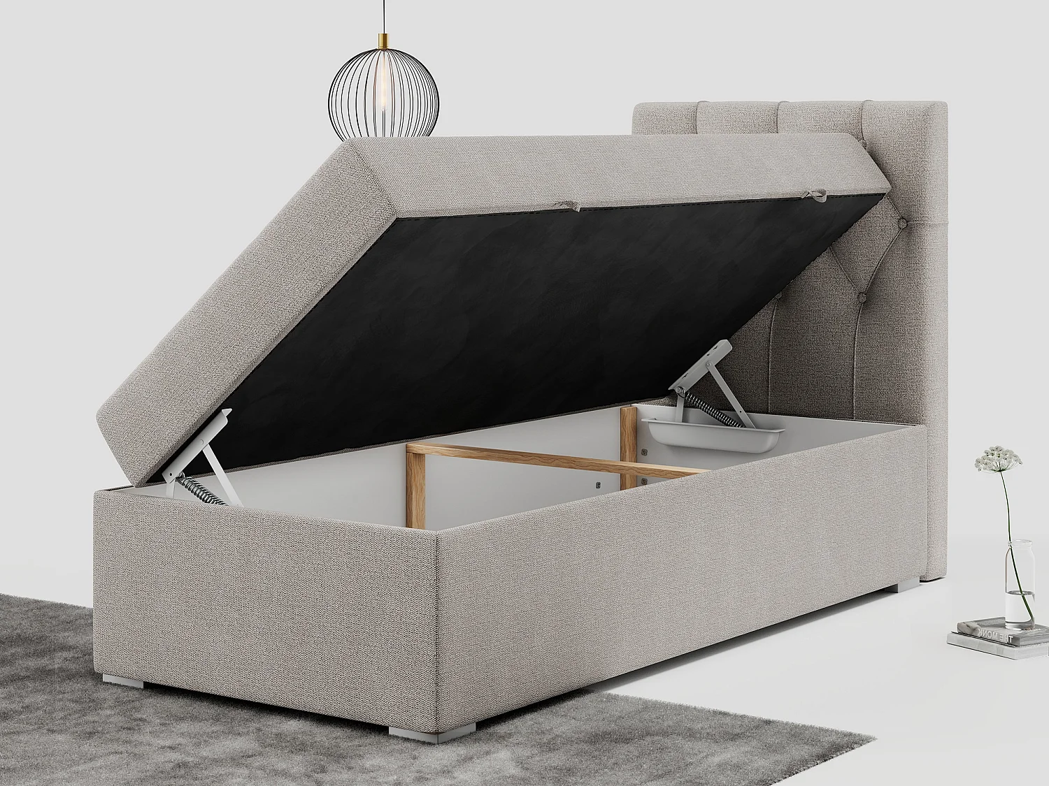 Boxspringbett ALDA - Einzelbett mit gestepptem Kopfteil, Multipocket-Matratze und Topper, Bettkasten - 90x200 cm - H4 - Beige Strukture - Rechts Seite