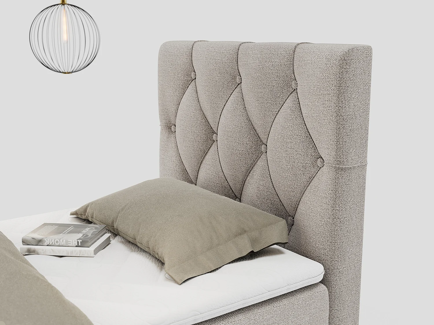 Boxspringbett ALDA - Einzelbett mit gestepptem Kopfteil, Multipocket-Matratze und Topper, Bettkasten - 90x200 cm - H4 - Beige Strukture - Rechts Seite