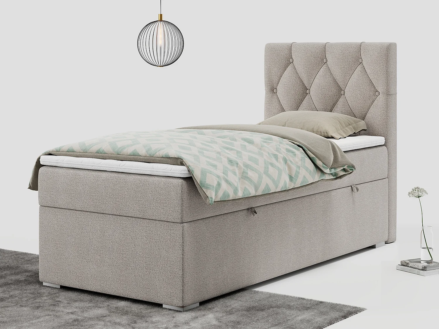 Boxspringbett ALDA - Einzelbett mit gestepptem Kopfteil, Multipocket-Matratze und Topper, Bettkasten - 90x200 cm - H4 - Beige Strukture - Rechts Seite
