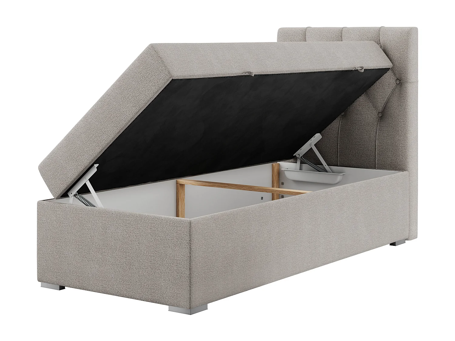Boxspringbett ALDA - Einzelbett mit gestepptem Kopfteil, Multipocket-Matratze und Topper, Bettkasten - 90x200 cm - H4 - Beige Strukture - Rechts Seite
