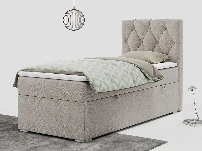 Boxspringbett ALDA - Einzelbett mit gestepptem Kopfteil, Multipocket-Matratze und Topper, Bettkasten - 90x200 cm - H4 - Beige Strukture - Rechts Seite
