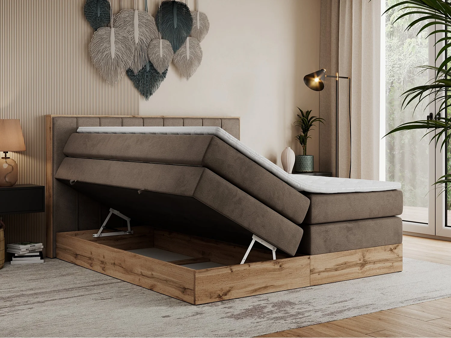 Boxspringbett BELLISSIMO KING - für Schlafzimmer, zwei Multipocket-Matratzen, Set mit Kopfteil und Topper, Holzrahmen - 140x200 cm - H4 - Braun Velvet