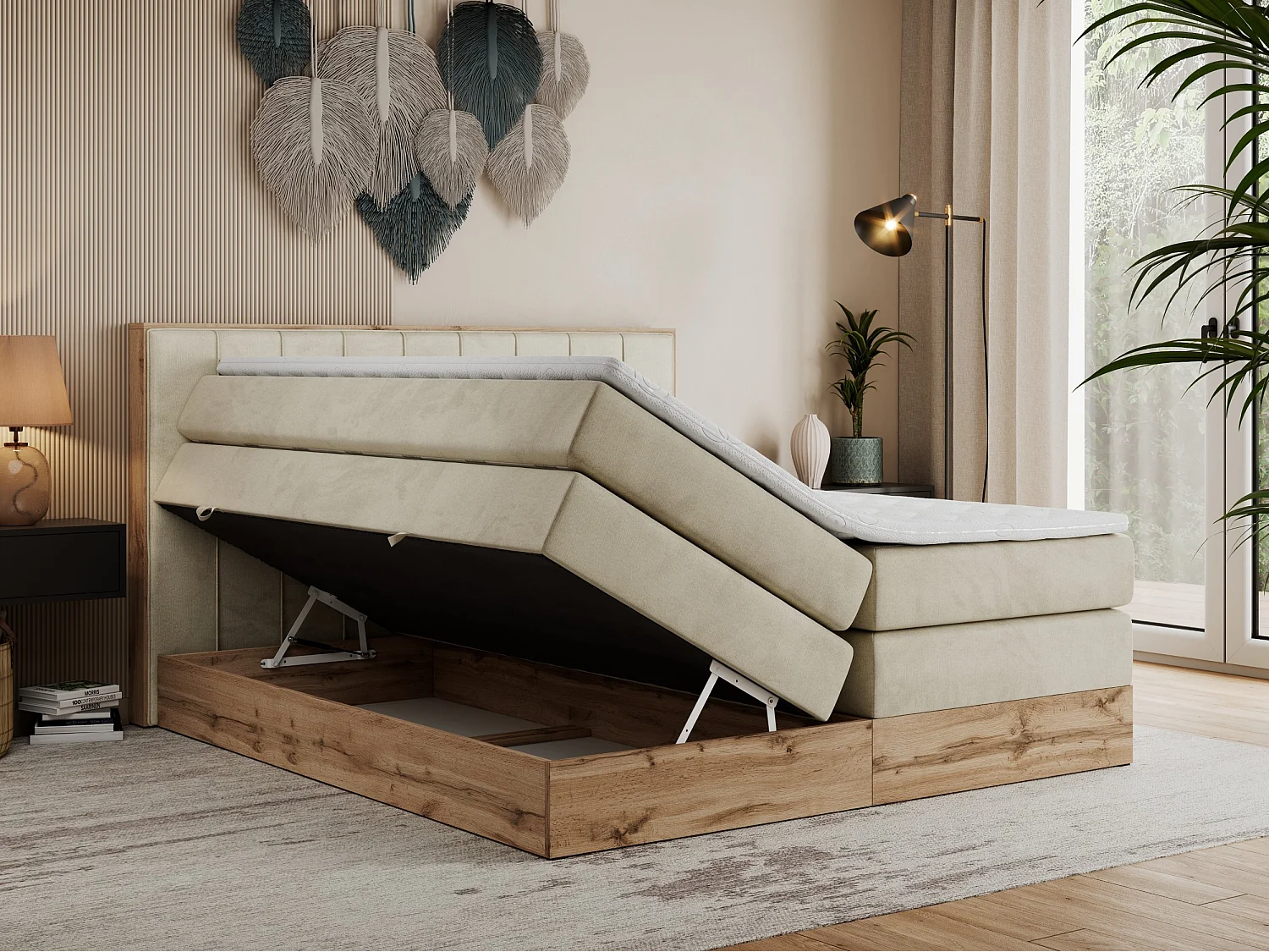 Boxspringbett BELLISSIMO KING - für Schlafzimmer, zwei Multipocket-Matratzen, Set mit Kopfteil und Topper, Holzrahmen - 160x200 cm - H3 - Beige Velvet