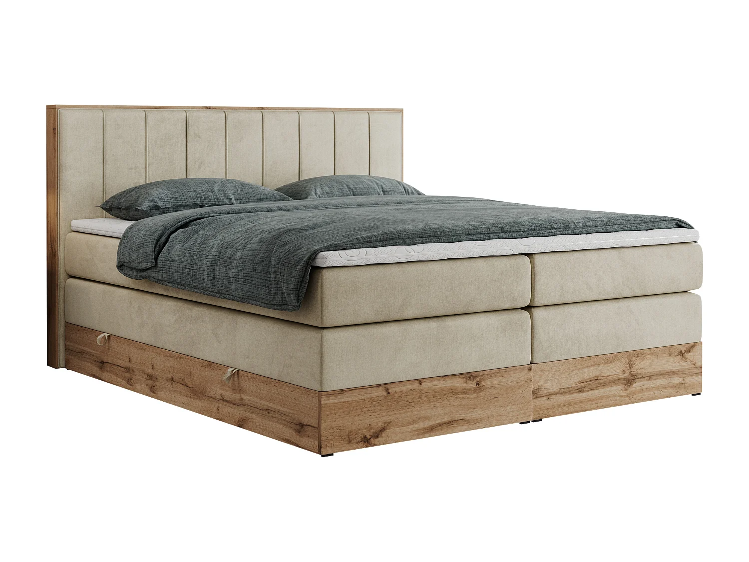 Boxspringbett BELLISSIMO KING - für Schlafzimmer, zwei Multipocket-Matratzen, Set mit Kopfteil und Topper, Holzrahmen - 160x200 cm - H3 - Beige Velvet