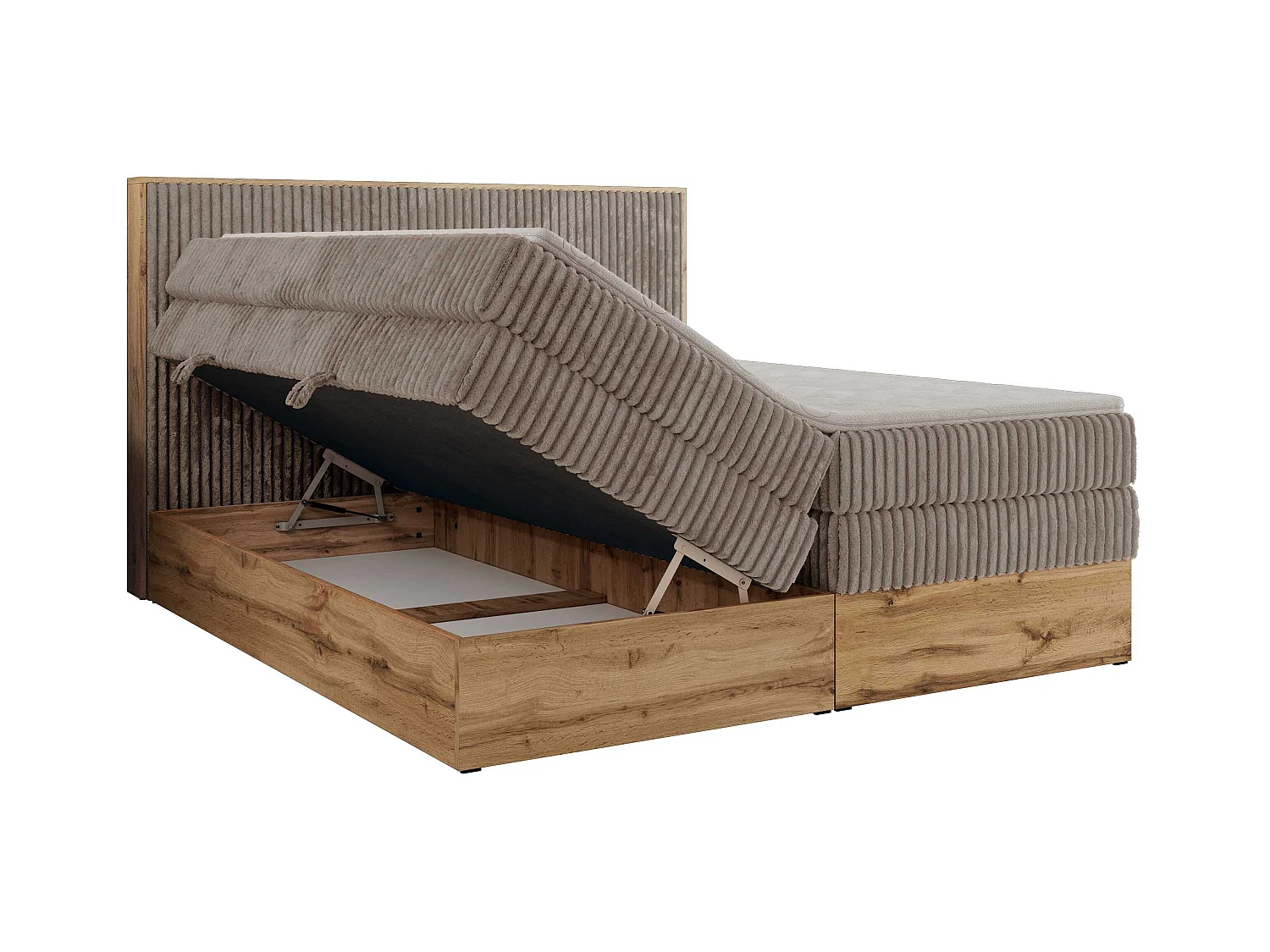 Boxspringbett WOOD CLASSIC KING - Polsterbett mit hohe Kopfteil, zwei Multipocket-Matratze, Bettkästen - 180x200 cm - H4 - Hellbraun Cord
