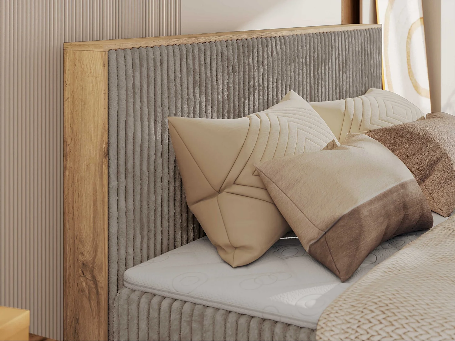 Boxspringbett WOOD CLASSIC KING - Polsterbett mit hohe Kopfteil, zwei Multipocket-Matratze, Bettkästen - 180x200 cm - H4 - Hellbraun Cord