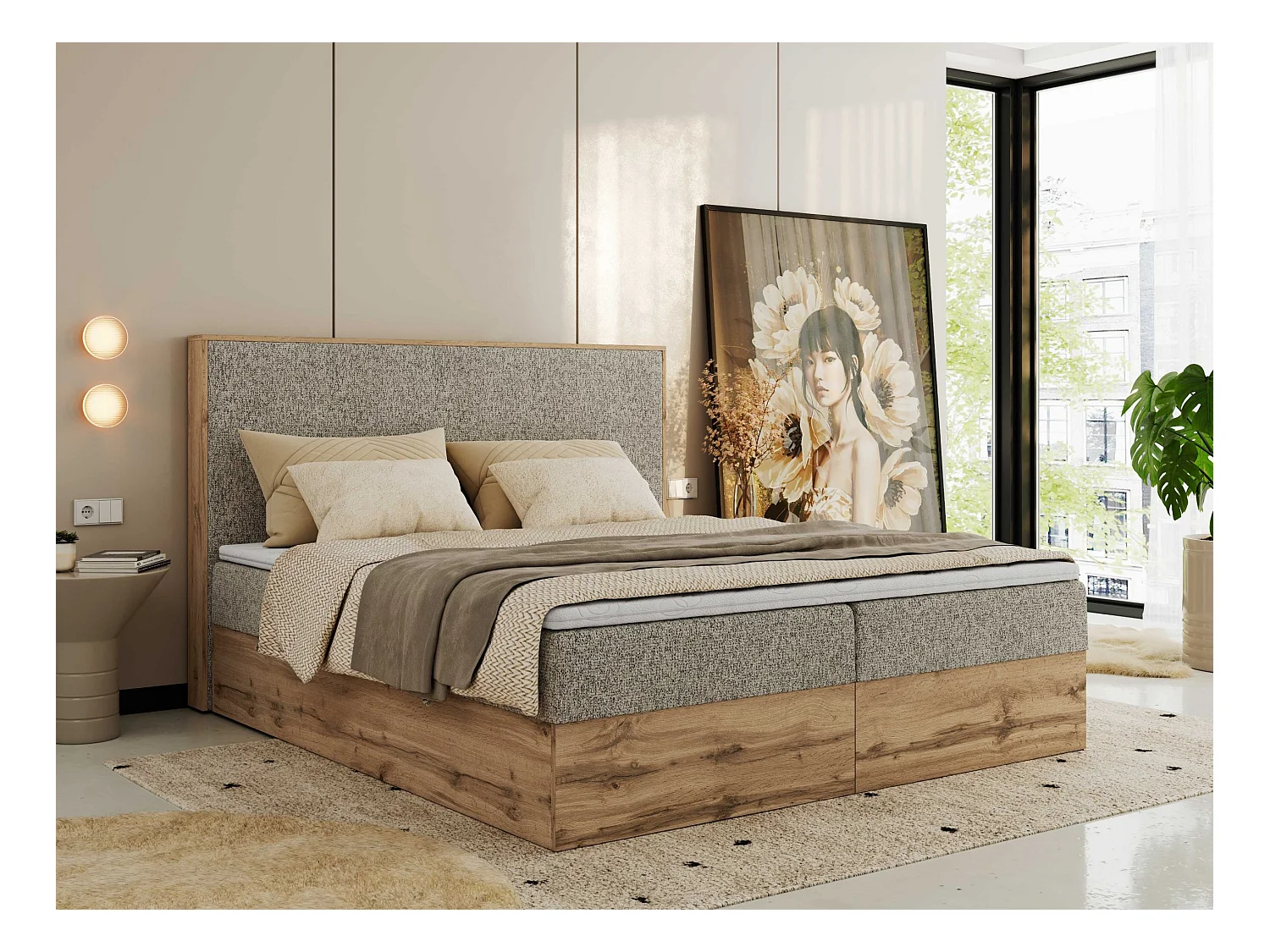 Boxspringbett WOOD CLASSIC - Doppelbett für Schlafzimmer, Set mit Multipocket-Matratze, Holzrahmen - 180x200 cm - H4 - Dunkelbeige Strukture
