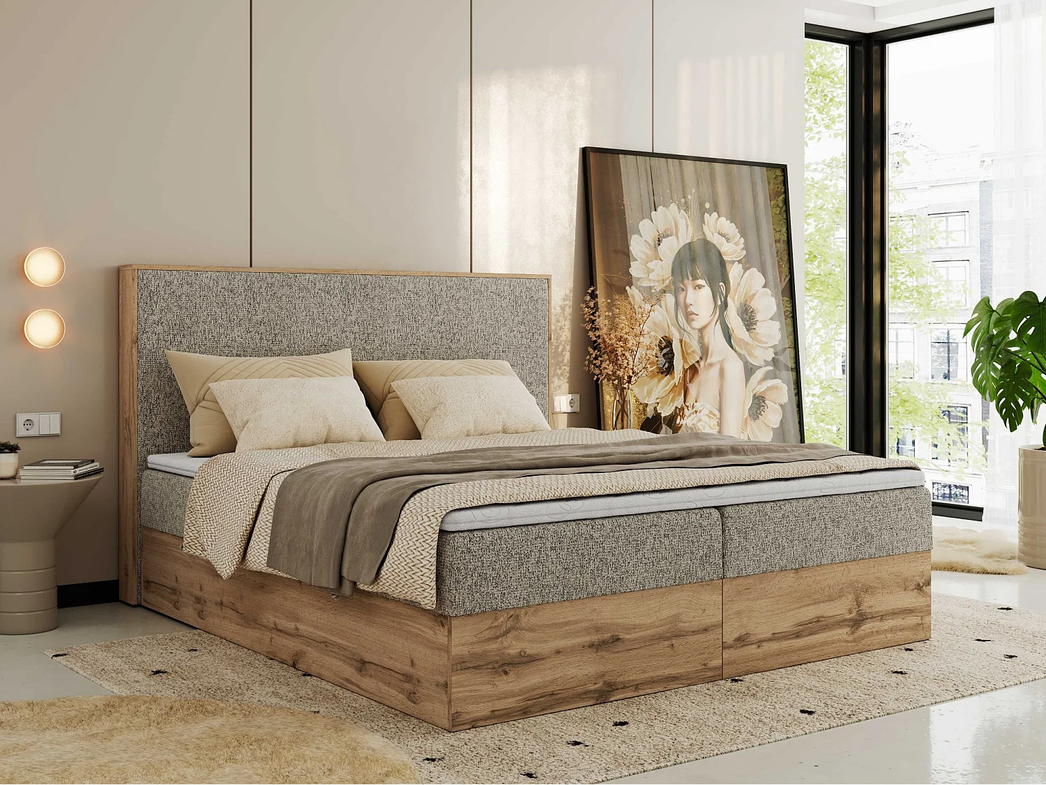 Boxspringbett WOOD CLASSIC - Doppelbett für Schlafzimmer, Set mit Multipocket-Matratze, Holzrahmen - 180x200 cm - H4 - Dunkelbeige Strukture