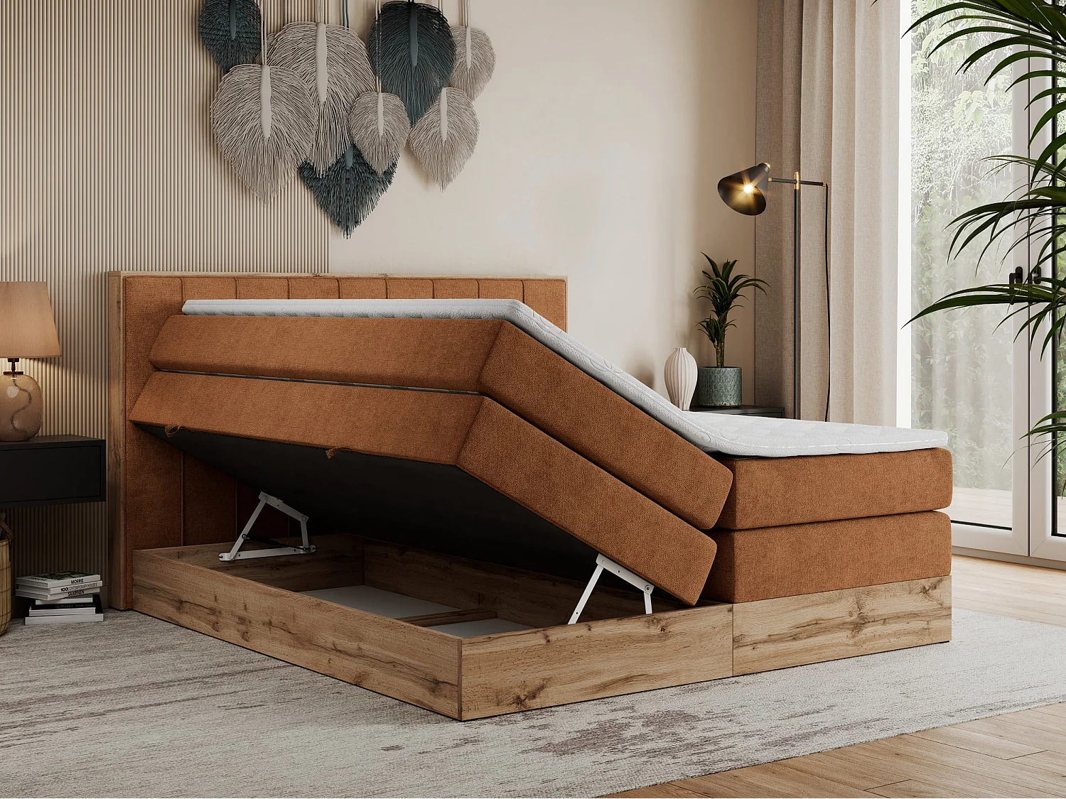 Boxspringbett BELLISSIMO KING - für Schlafzimmer, zwei Multipocket-Matratzen, Set mit Kopfteil und Topper, Holzrahmen - 160x200 cm - H4 - Orange Strukture