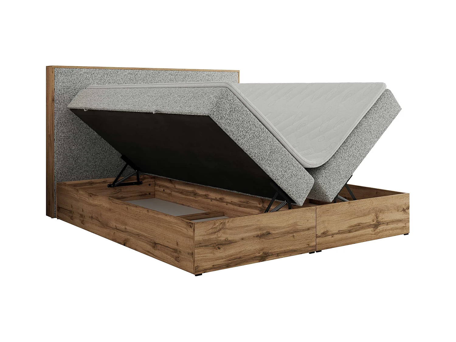 Boxspringbett WOOD CLASSIC - Doppelbett für Schlafzimmer, Set mit Multipocket-Matratze, Holzrahmen - 160x200 cm - H3 - Hellgrau Strukture