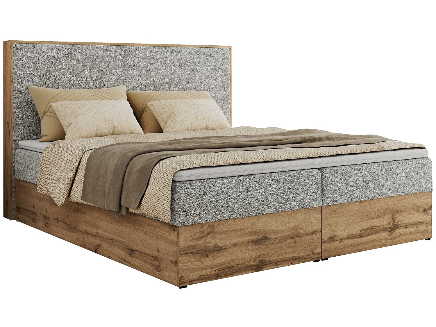 Boxspringbed met hoofdbord H3 + Topper T25 - Lichtgrijs Structuurstof - 160x200 - WOOD CLASSIC