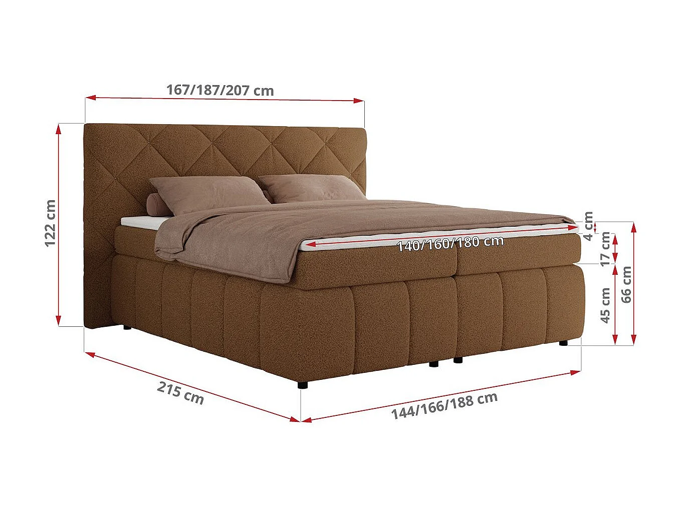 Boxspringbett RITA - Set mit Kopfteil, Multipocket-Matratze und Topper, Doppelbett für Schlafzimmer - 140x200 cm - H3 - Braun Boucle