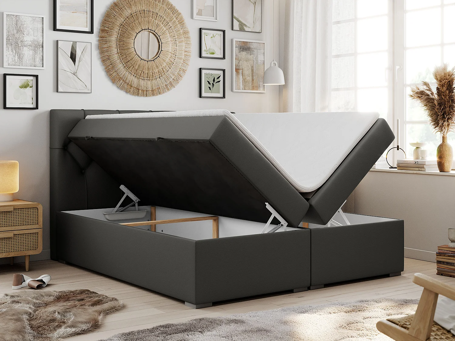 Boxspringbett ALDA - Doppelbett mit gestepptem Kopfteil, Multipocket-Matratze und Topper, zwei Bettkästen - 140x200 cm - H3 - Dunkelgrau Kunstleder