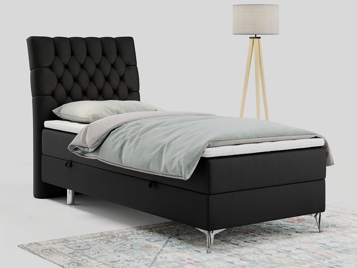 Boxspringbett MILEN - Polsterbett auf Metallbeine, Set mit Multipocket-Matratze, Gesteppte Kopfstütze - 90x200 cm - H4 - Schwarz Kunstleder - Links Seite