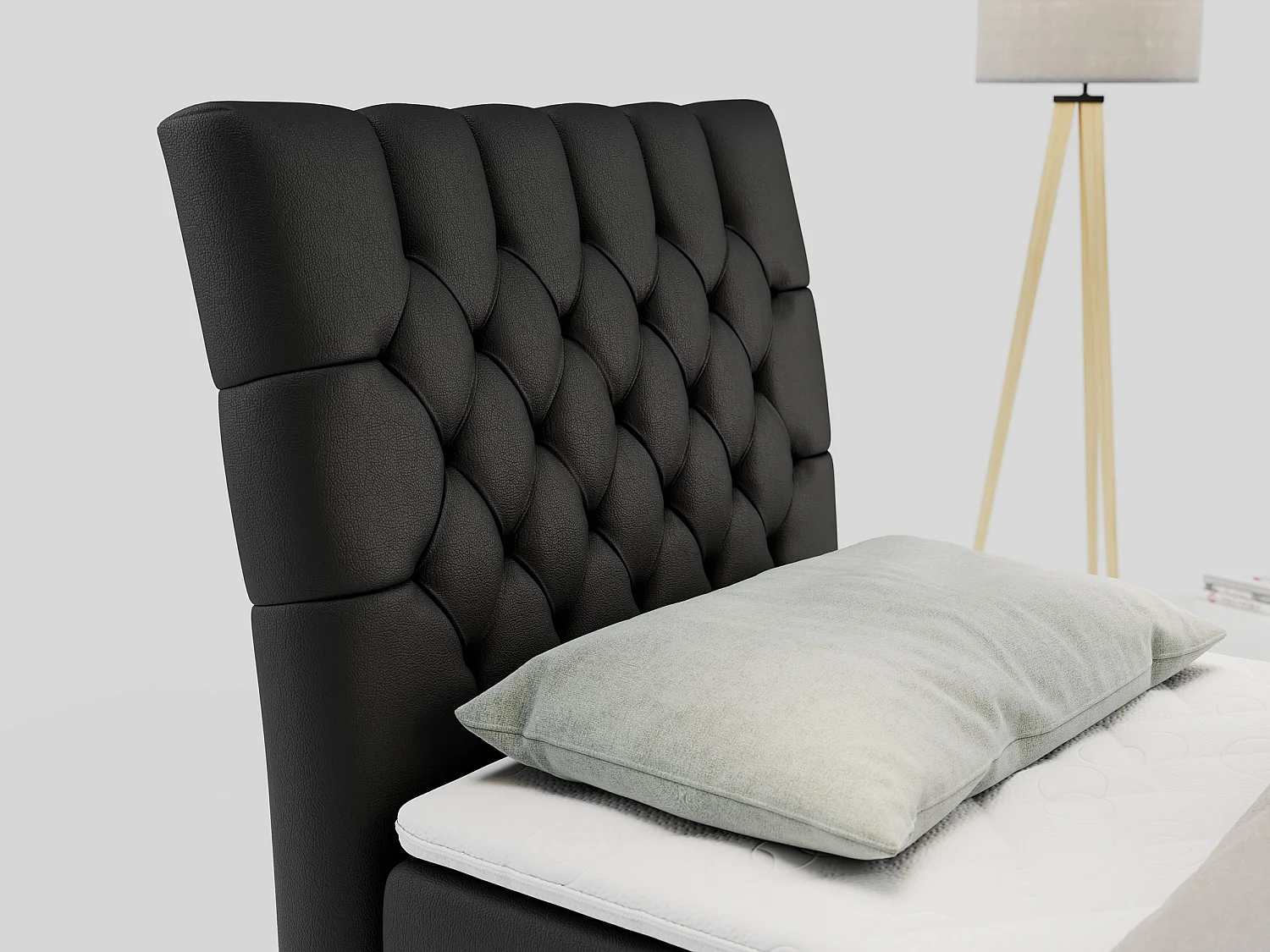 Boxspringbett MILEN - Polsterbett auf Metallbeine, Set mit Multipocket-Matratze, Gesteppte Kopfstütze - 90x200 cm - H4 - Schwarz Kunstleder - Links Seite