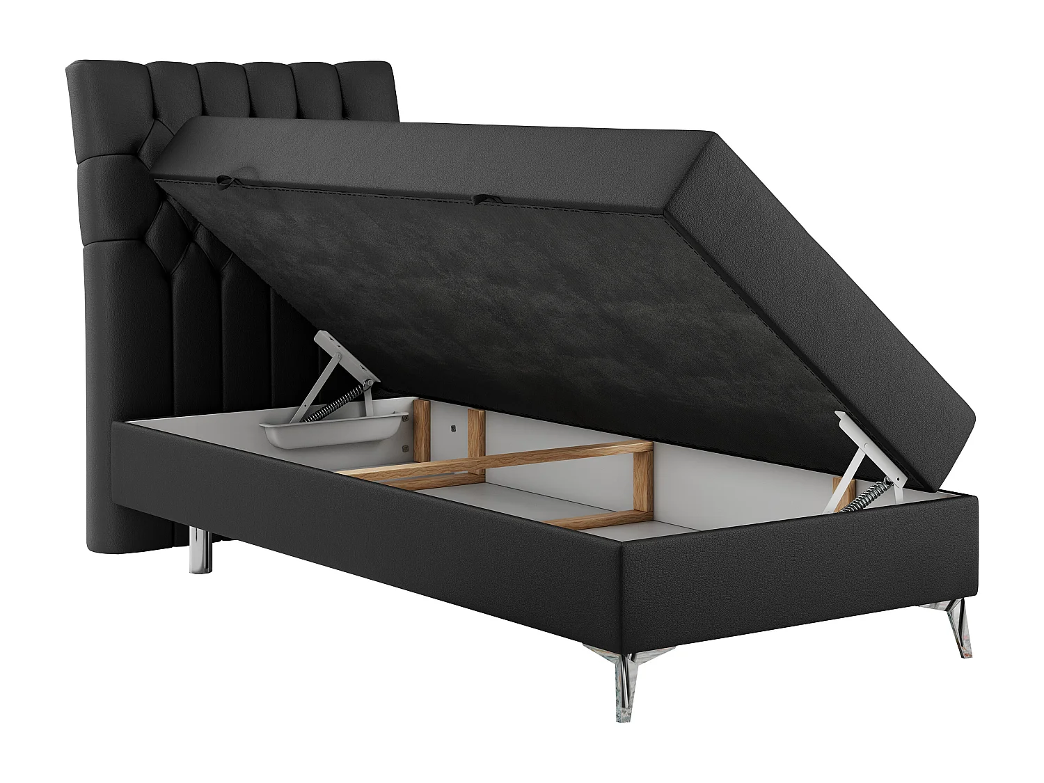 Boxspringbett MILEN - Polsterbett auf Metallbeine, Set mit Multipocket-Matratze, Gesteppte Kopfstütze - 90x200 cm - H4 - Schwarz Kunstleder - Links Seite