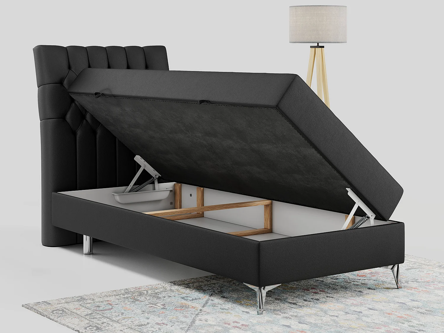 Boxspringbett MILEN - Polsterbett auf Metallbeine, Set mit Multipocket-Matratze, Gesteppte Kopfstütze - 90x200 cm - H4 - Schwarz Kunstleder - Links Seite