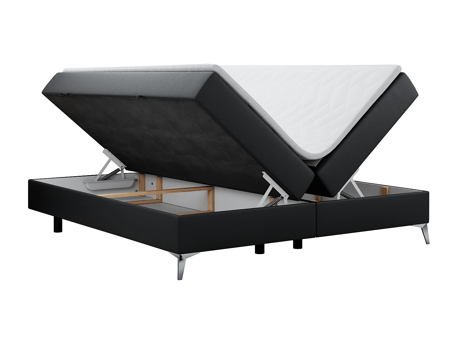 Boxspringbett LESS - Doppelbett mit zwei Bettkästen, 7 Härtezonen Multipocket-Matratzen, hohe Metallbeine - 120x200 cm - H3 - Schwarz Kunstleder