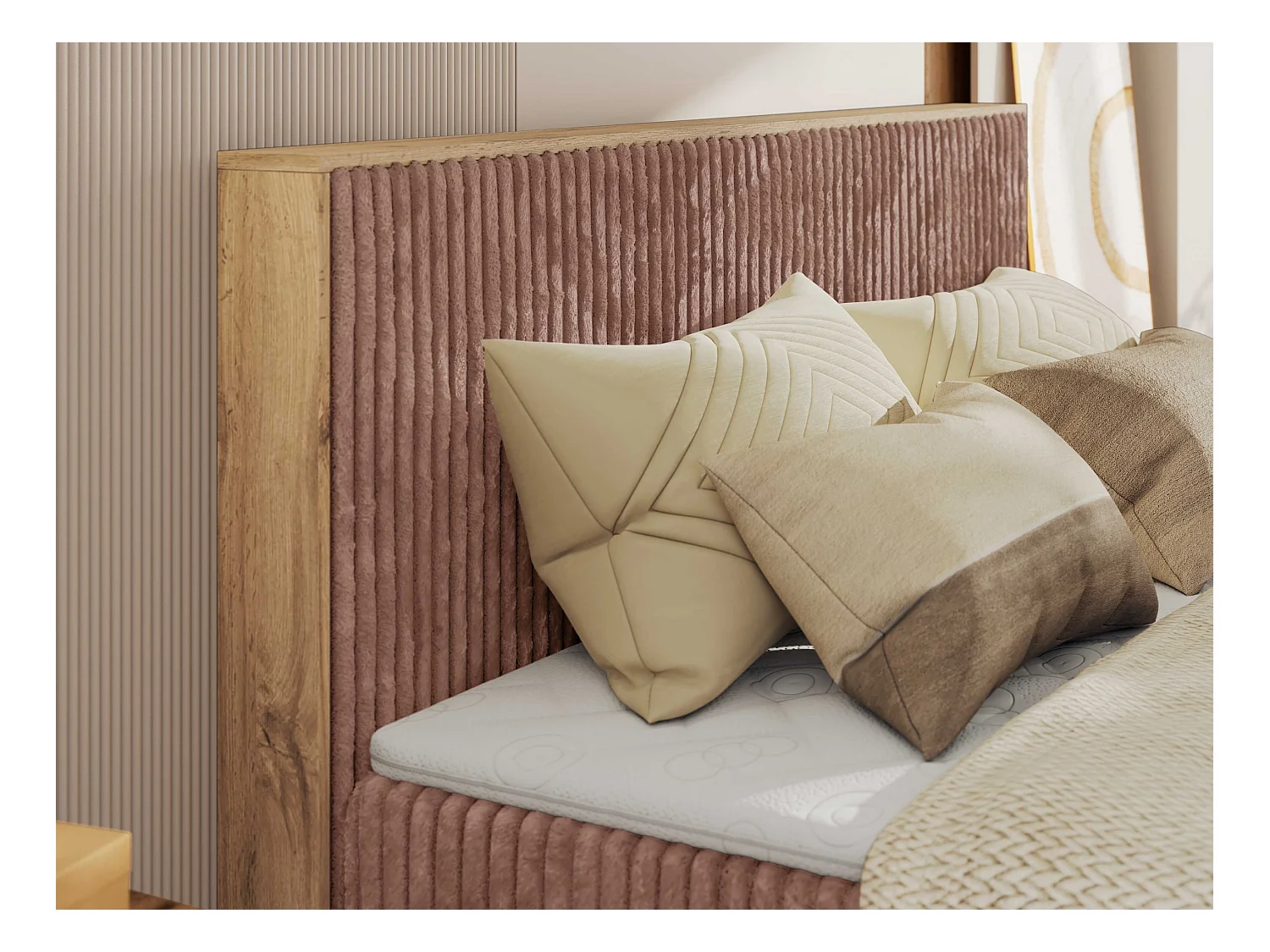 Boxspringbett WOOD CLASSIC KING - Polsterbett mit hohe Kopfteil, zwei Multipocket-Matratze, Bettkästen - 160x200 cm - H3 - Rosa Cord