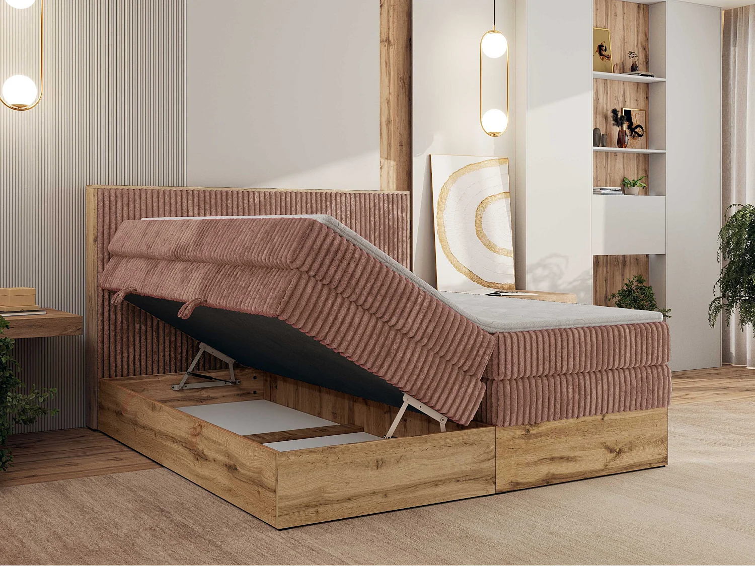 Boxspringbett WOOD CLASSIC KING - Polsterbett mit hohe Kopfteil, zwei Multipocket-Matratze, Bettkästen - 160x200 cm - H3 - Rosa Cord