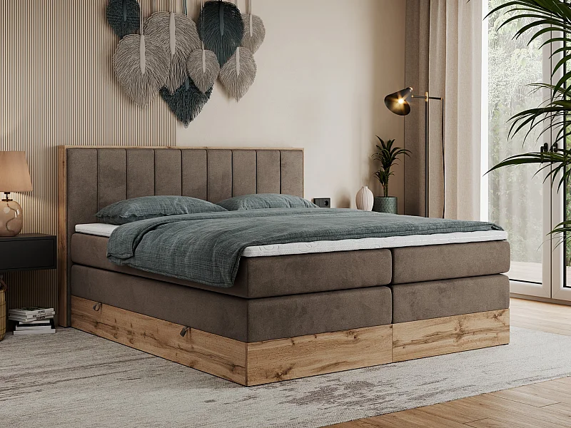 Boxspringbett BELLISSIMO KING - für Schlafzimmer, zwei Multipocket-Matratzen, Set mit Kopfteil und Topper, Holzrahmen - 200x200 cm - H3 - Braun Velvet