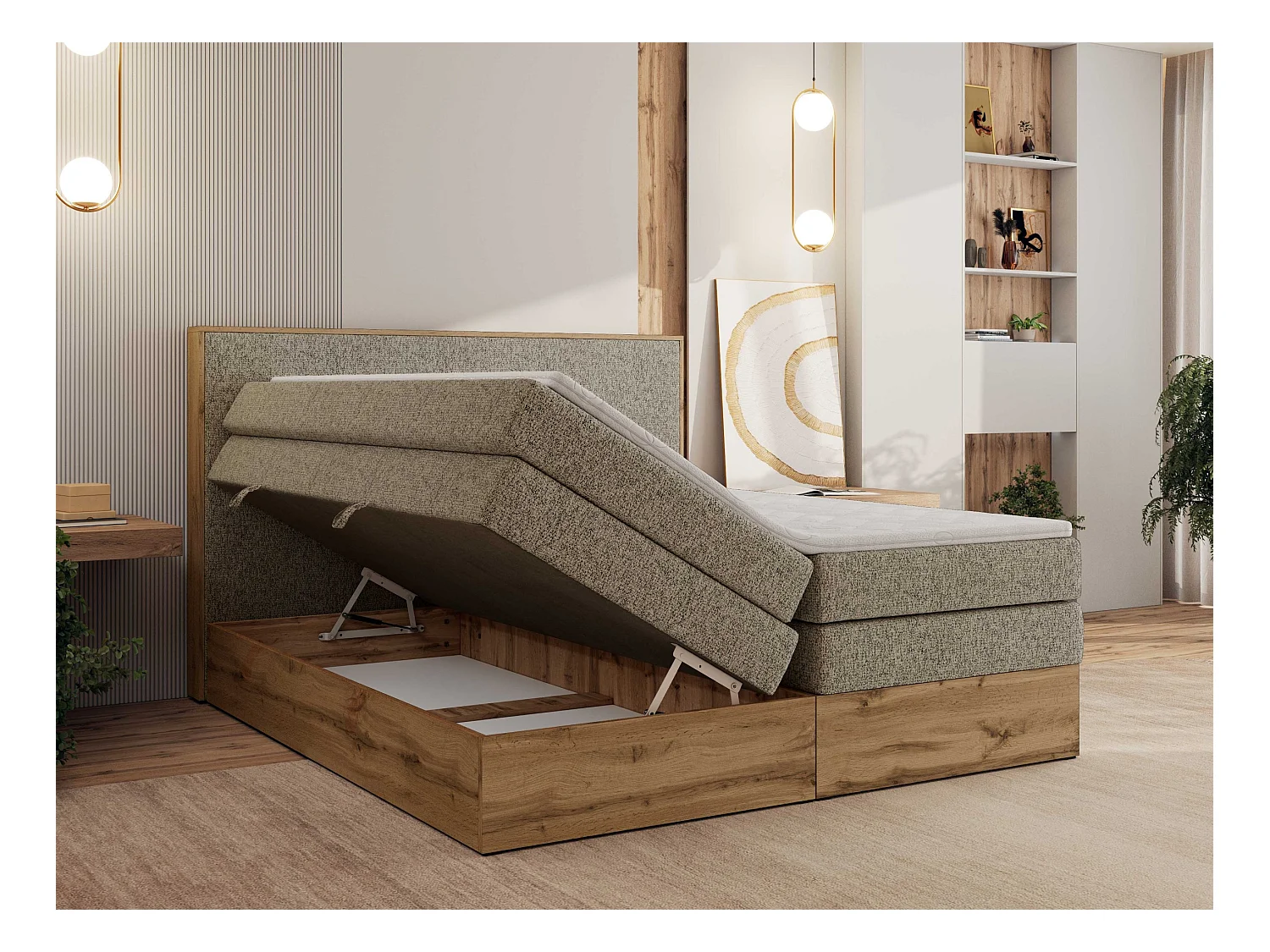 Boxspringbett WOOD CLASSIC KING - Polsterbett mit hohe Kopfteil, zwei Multipocket-Matratze, Bettkästen - 200x200 cm - H4 - Dunkelbeige Strukture