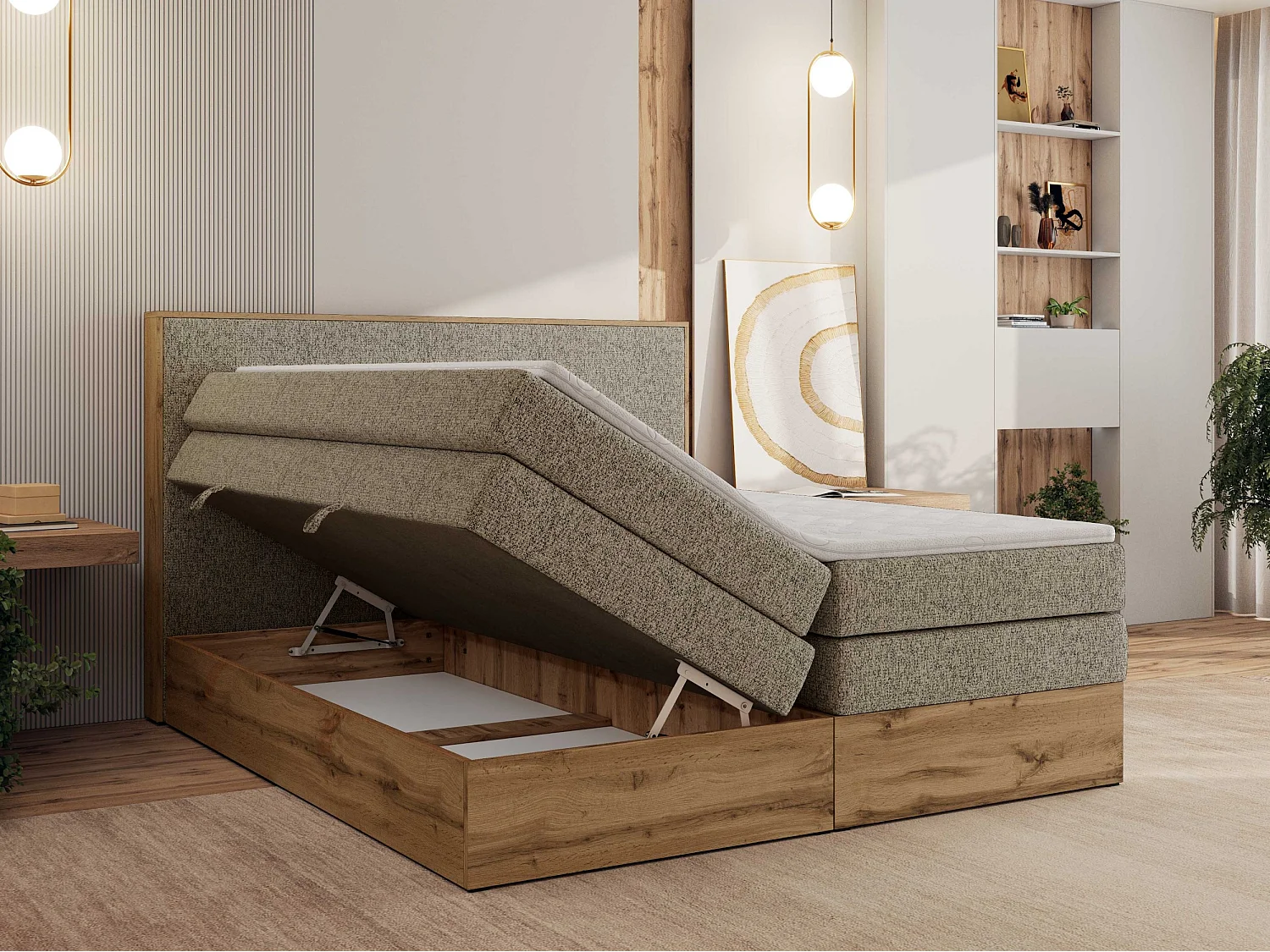 Boxspringbett WOOD CLASSIC KING - Polsterbett mit hohe Kopfteil, zwei Multipocket-Matratze, Bettkästen - 200x200 cm - H4 - Dunkelbeige Strukture