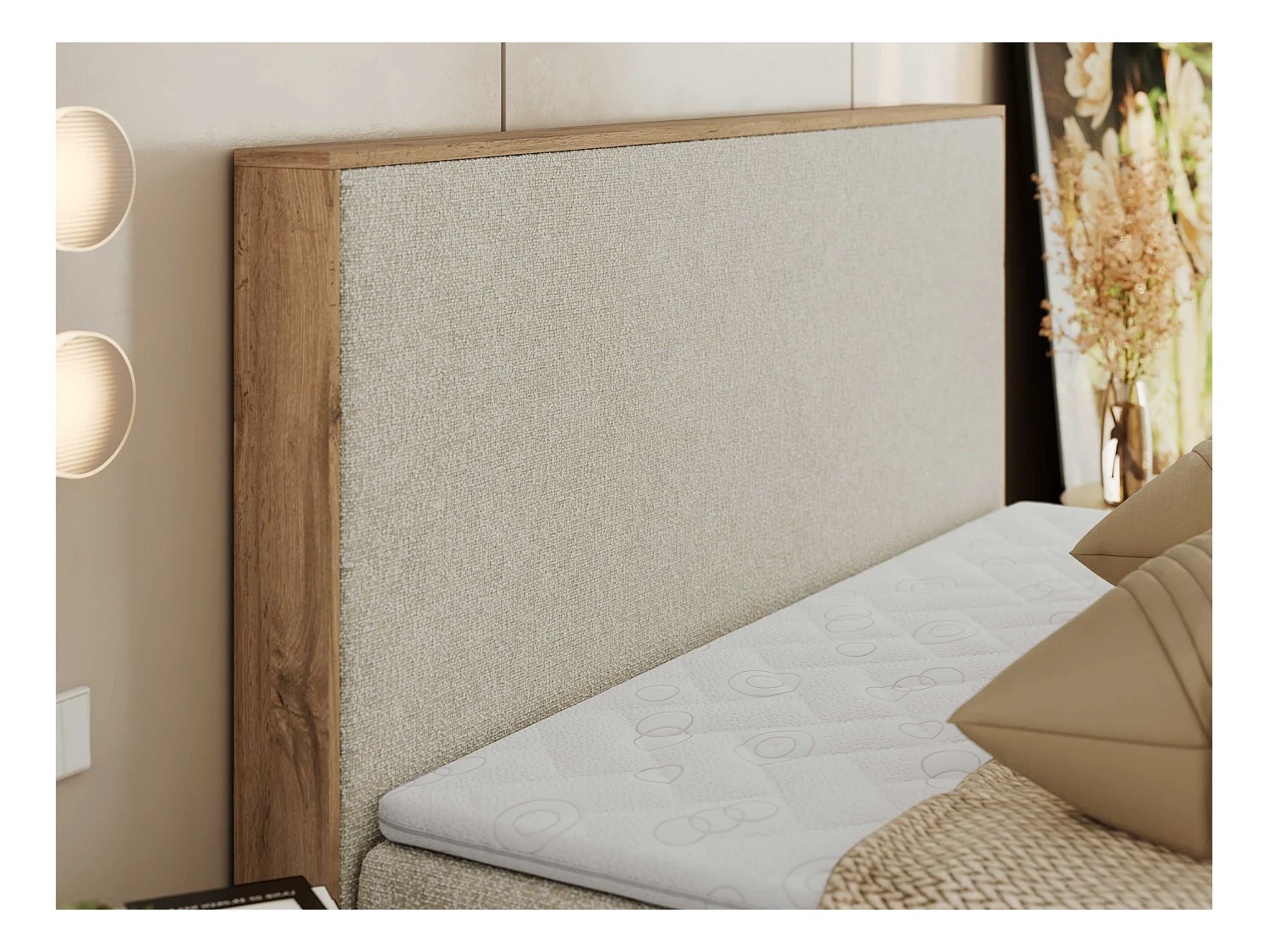 Boxspringbett WOOD CLASSIC - Doppelbett für Schlafzimmer, Set mit Multipocket-Matratze, Holzrahmen - 140x200 cm - H3 - Creme Strukture
