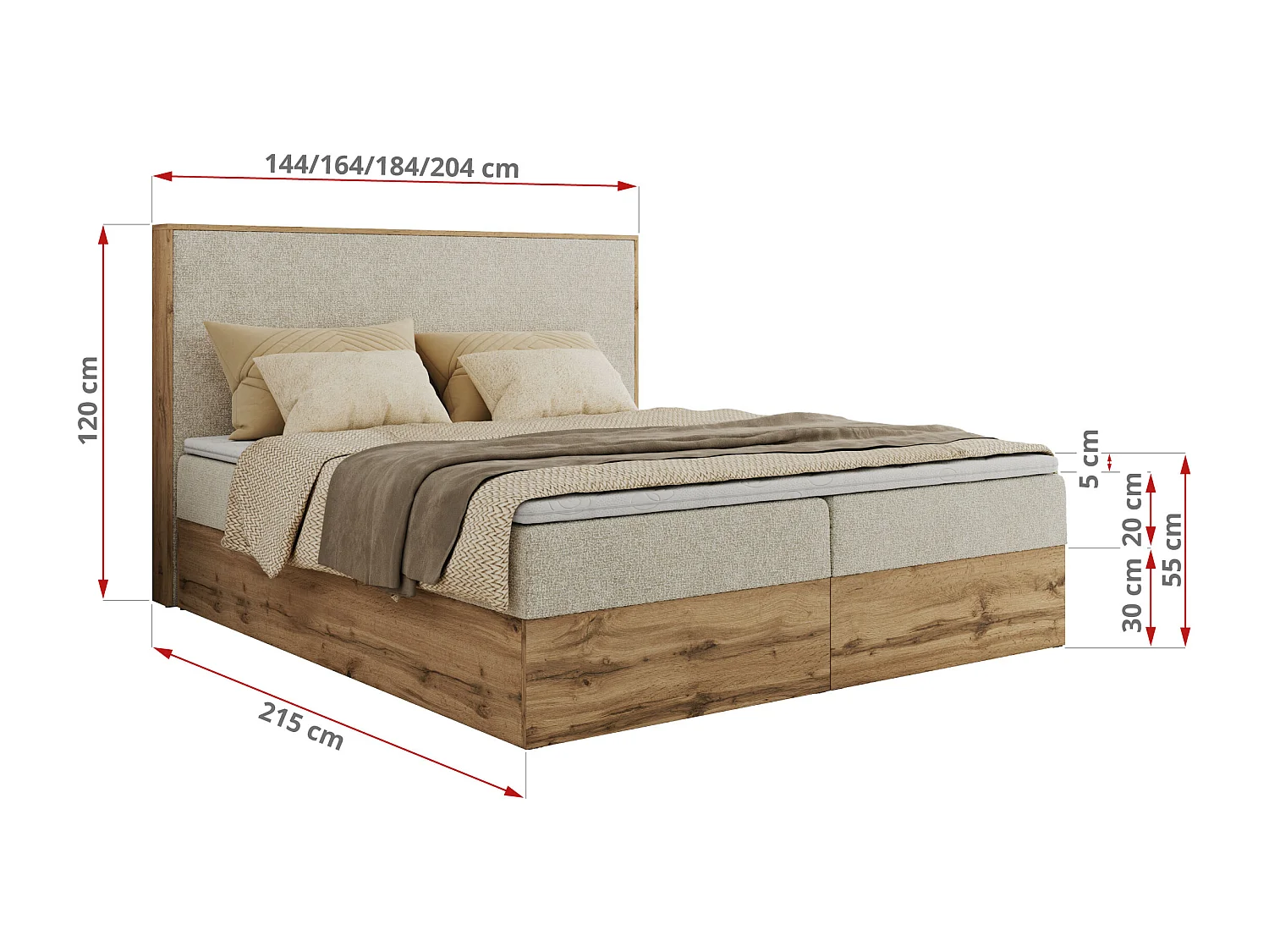 Boxspringbett WOOD CLASSIC - Doppelbett für Schlafzimmer, Set mit Multipocket-Matratze, Holzrahmen - 140x200 cm - H3 - Creme Strukture