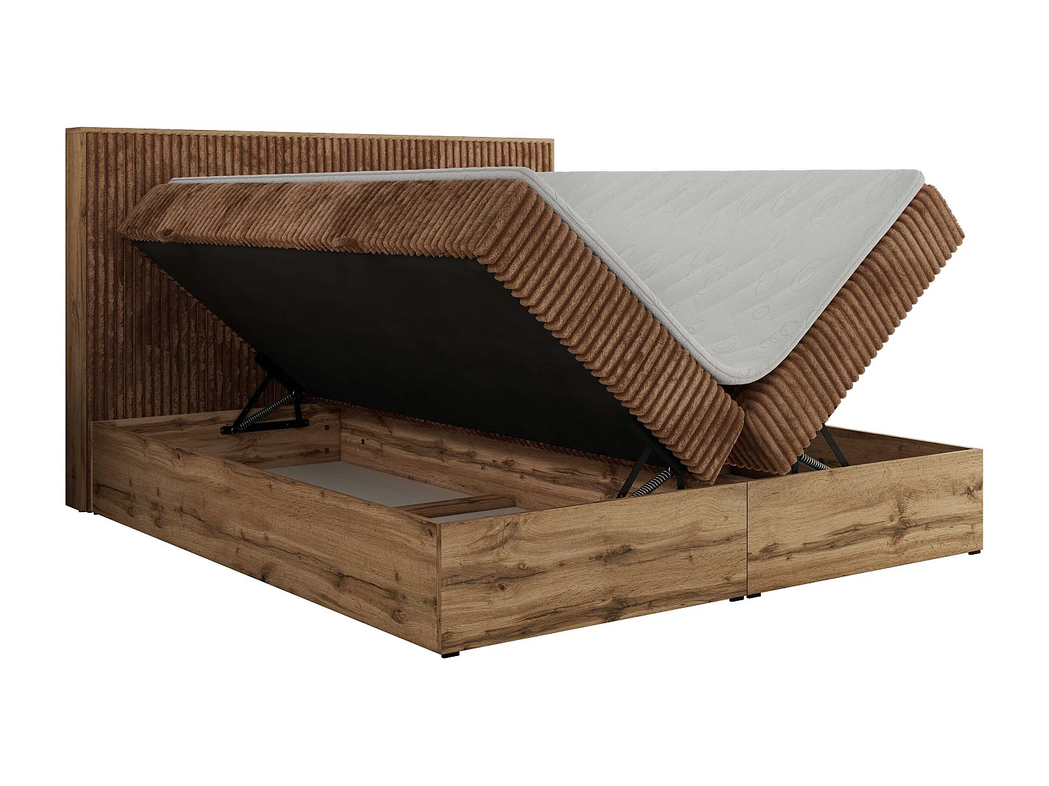 Boxspringbett WOOD CLASSIC - Doppelbett für Schlafzimmer, Set mit Multipocket-Matratze, Holzrahmen - 200x200 cm - H4 - Orange Cord