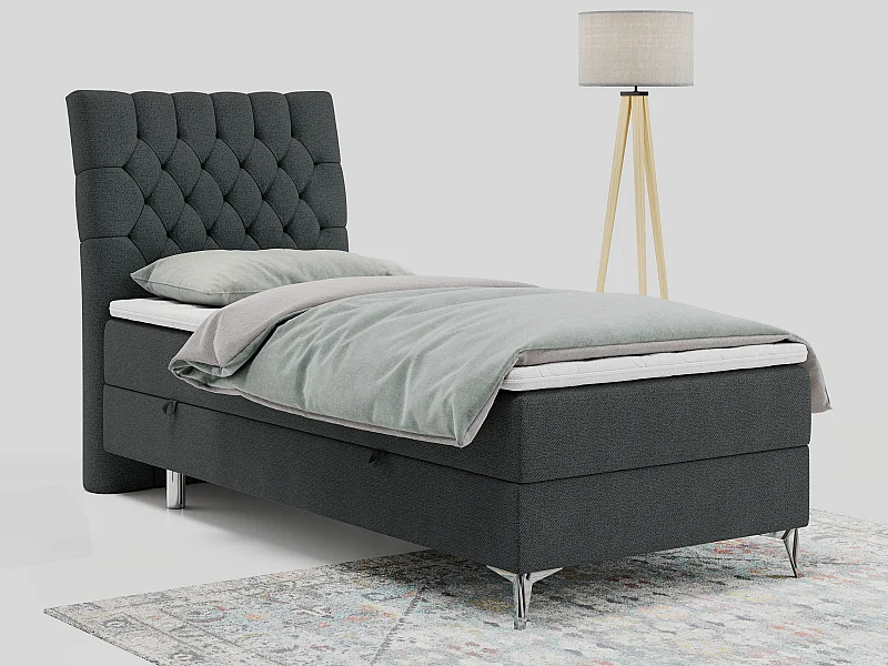 Boxspringbett MILEN - Polsterbett auf Metallbeine, Set mit Multipocket-Matratze, Gesteppte Kopfstütze - 90x200 cm - H4 - Dunkelgrau Strukture - Links Seite