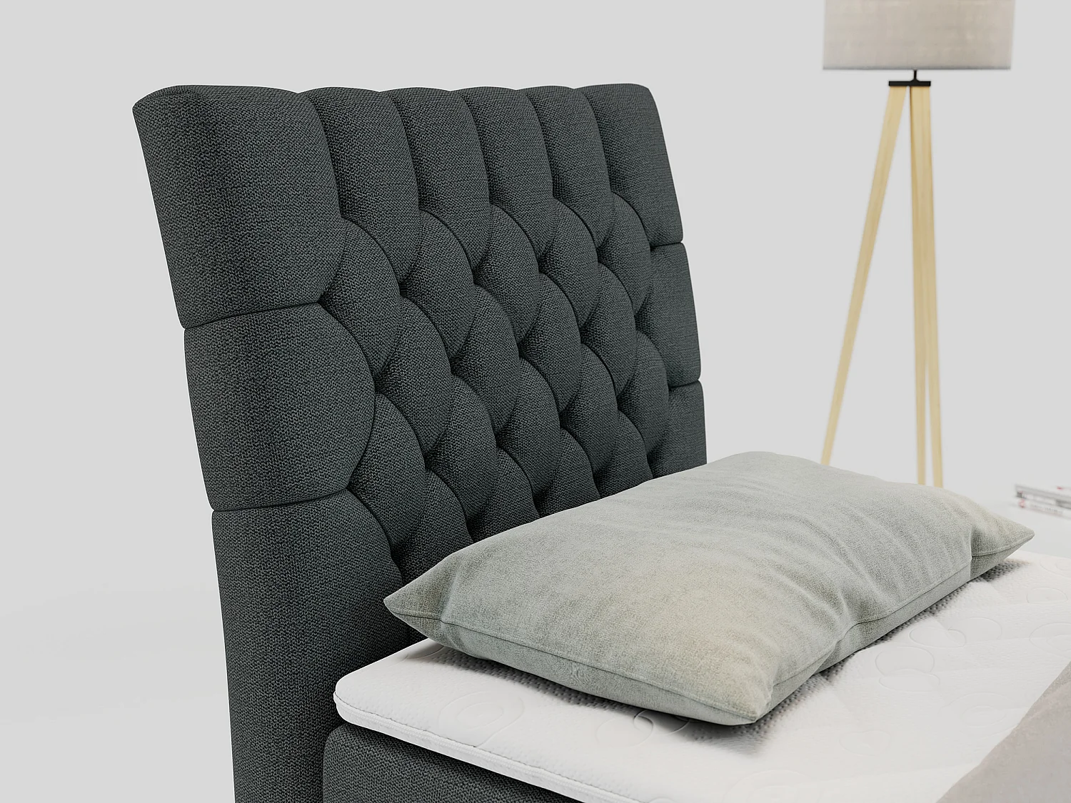 Boxspringbett MILEN - Polsterbett auf Metallbeine, Set mit Multipocket-Matratze, Gesteppte Kopfstütze - 90x200 cm - H4 - Dunkelgrau Strukture - Links Seite