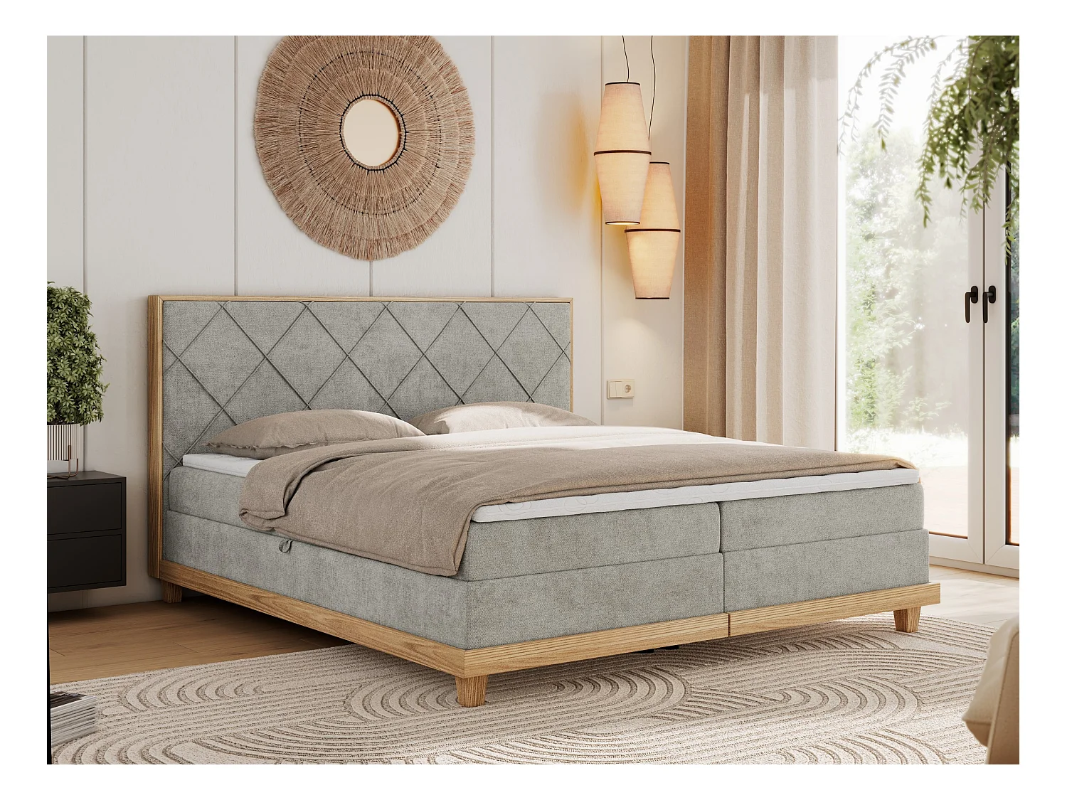 Boxspringbett CAICOS - mit gestepptem Kopfteil, Multipocket-Matratze und Topper, Holzelementen - 180x200 cm - H3 - Hellgrau Strukture